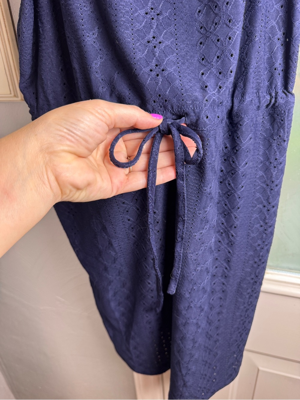 NWOT Navy Eyelet Swim Cover Up Dress Large Stretch Waist Pockets Beach Resort - Picture 3 of 7